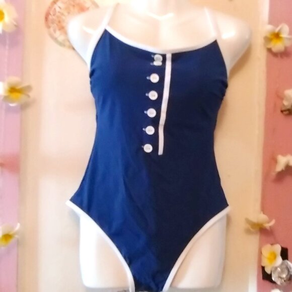 Whimsical (L) Navy Blue Button Accent One Piece - Picture 1 of 6